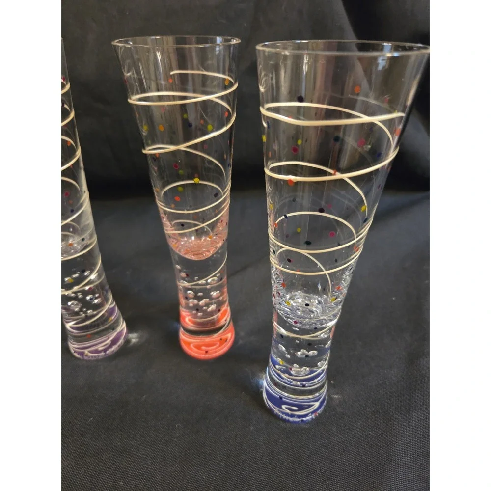 Mindy Sand Bubble Champagne Flutes Set of 4 Signed 2018 Hand Painted Art Glass